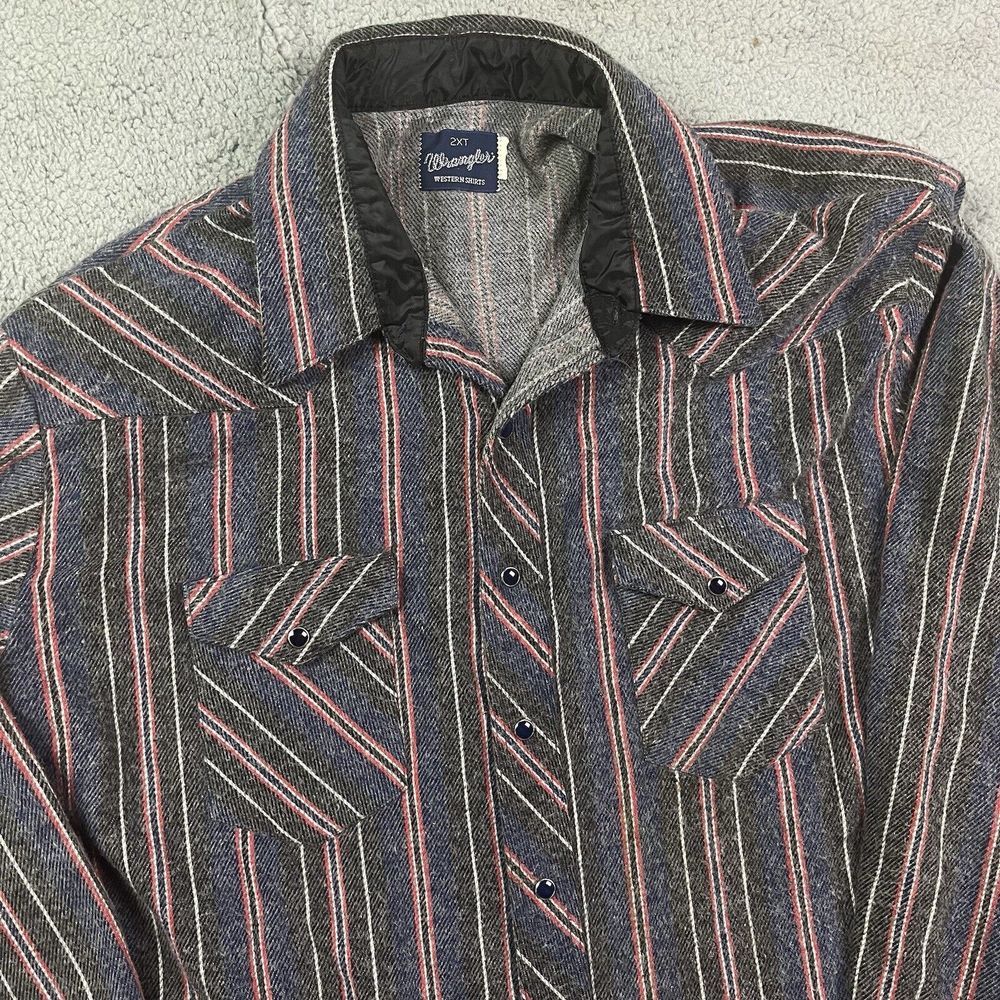 Vintage Wrangler Western Shirt Flannel Blue Pearl Snap Cowboy Shirt Thick 2XT‎